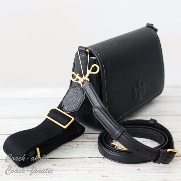 NWT Tory Burch Thea Web Flap Pebbled Leather Crossbody in Black - Picture 6 of 16
